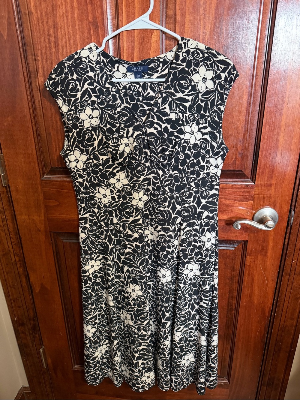 Chaps Black and Cream Floral Cap-Sleeve Midi Dress